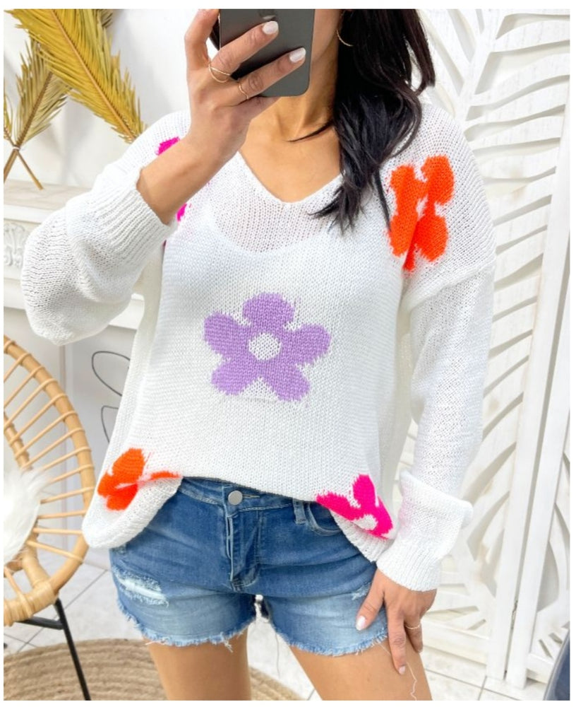 PULL MAILLE BLANC & FLEURS