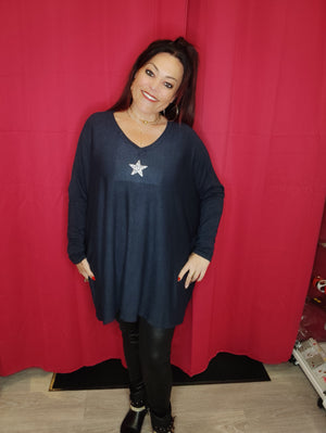 PULL AMPLE BLEU MARINE & ETOILE STRASS