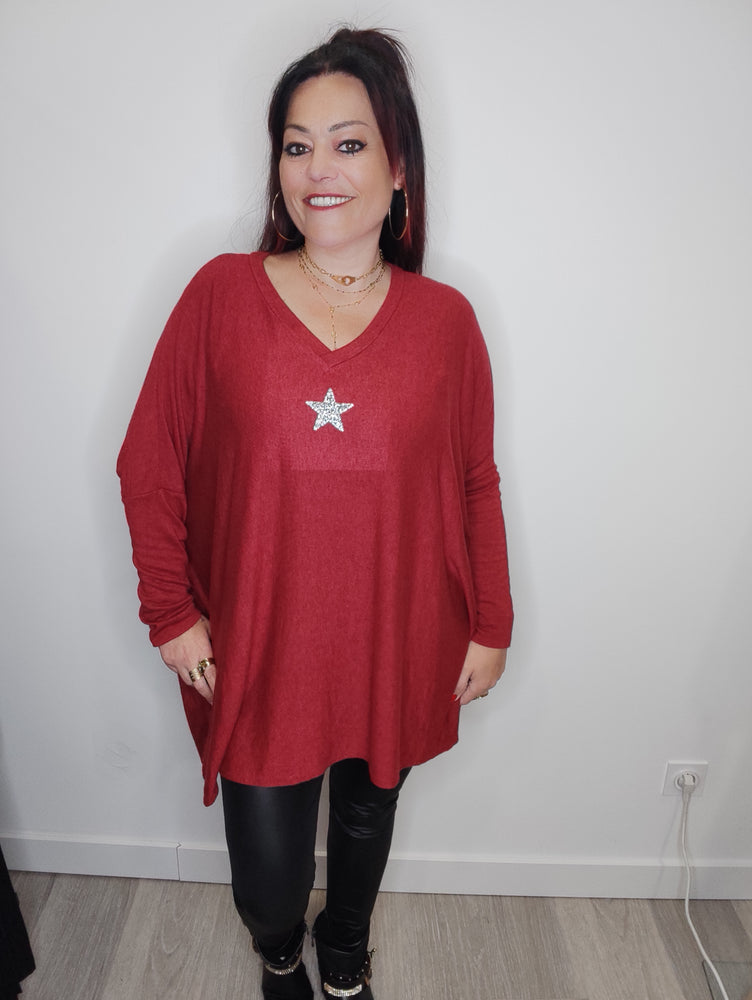 PULL AMPLE ROUGE FONCE & ETOILE STRASS