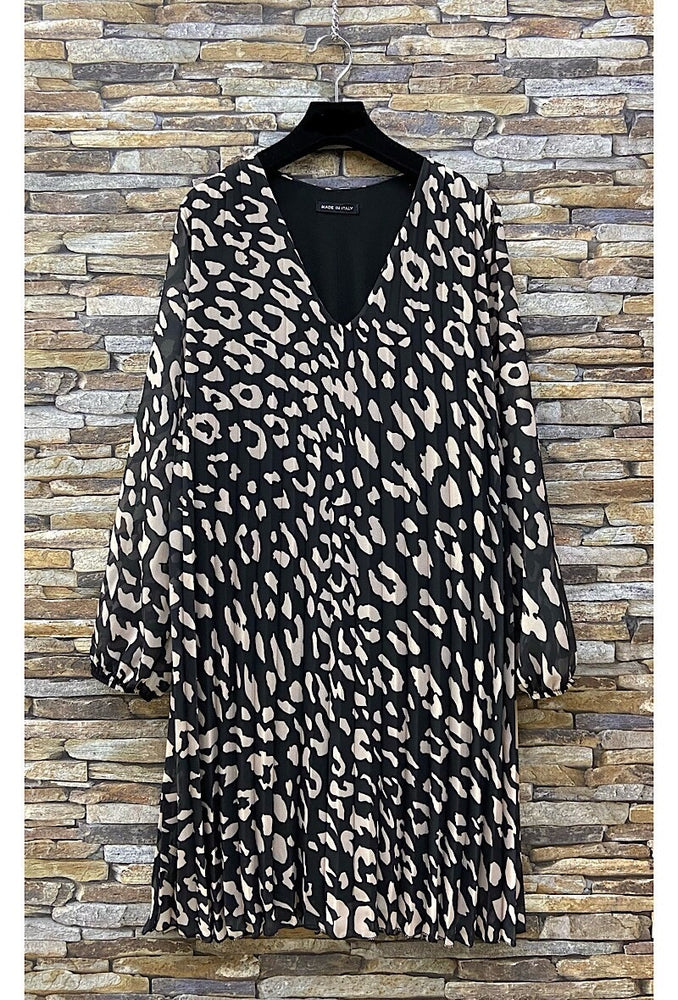 ROBE PLISSEE NOIR & IMPRIMES BEIGE LEOPARD