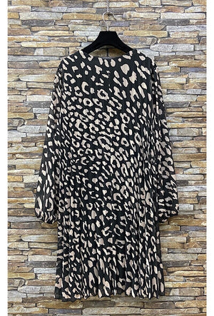 ROBE PLISSEE NOIR & IMPRIMES BEIGE LEOPARD