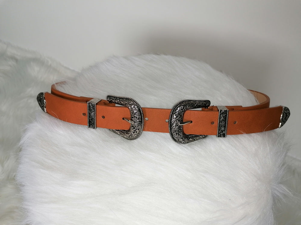 CEINTURE CAMEL & DOUBLE BOUCLE ARGENT