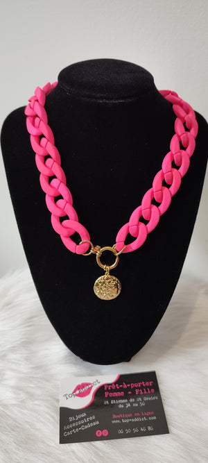 COLLIER MAXI CHAINE PENDENTIF & FUSHIA ACIER