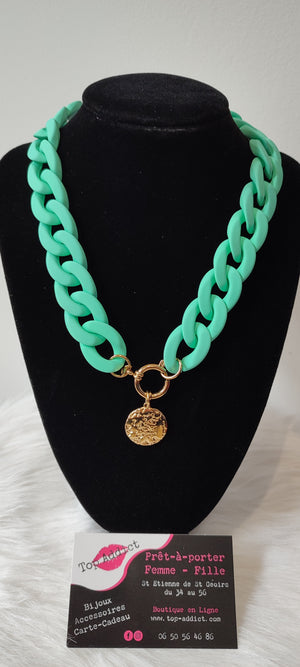 COLLIER MAXI CHAINE PENDENTIF & VERT D'EAU ACIER