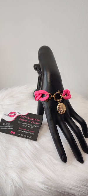 BRACELET MAXI CHAINE PENDENTIF & FUSHIA ACIER