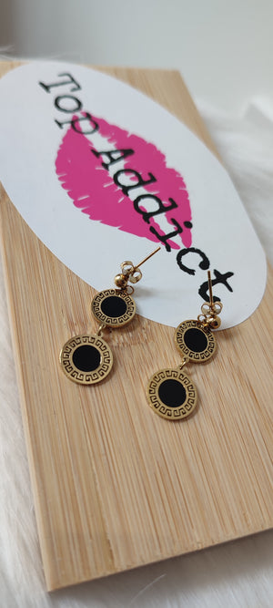 BOUCLES D'OREILLES NOIR MOTIFS & OR ACIER