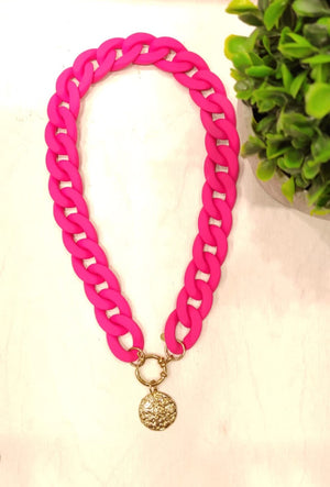 COLLIER MAXI CHAINE PENDENTIF & FUSHIA ACIER