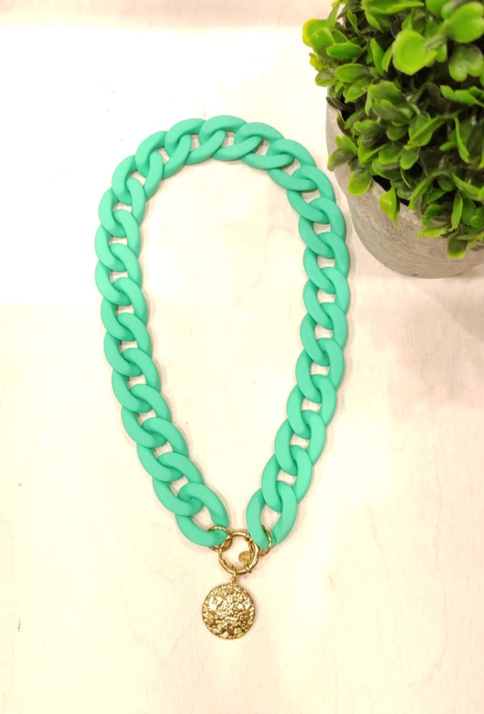 COLLIER MAXI CHAINE PENDENTIF & VERT D'EAU ACIER