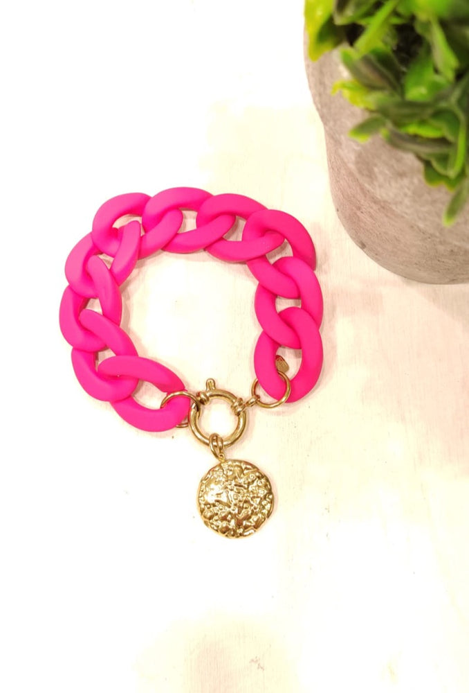 BRACELET MAXI CHAINE PENDENTIF & FUSHIA ACIER